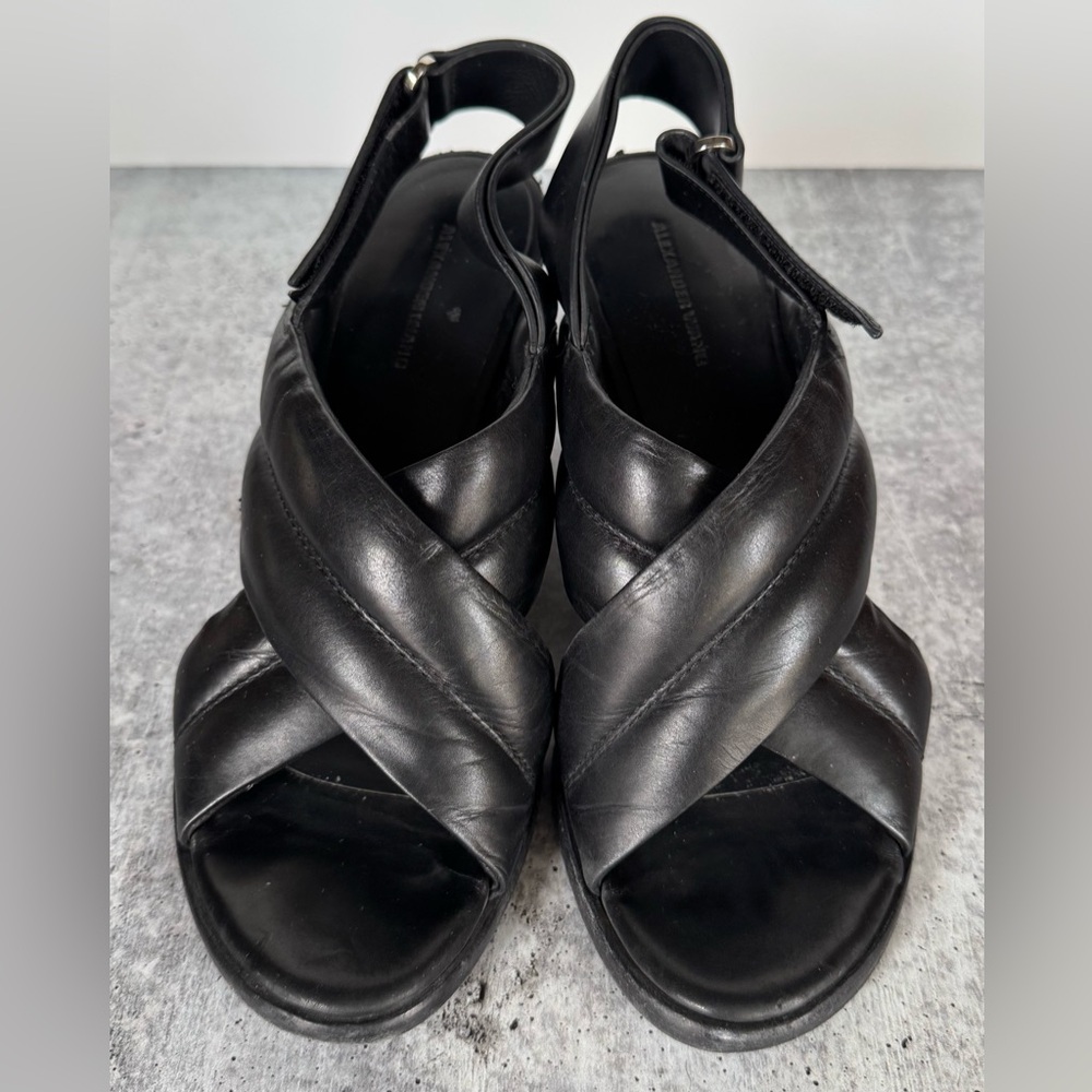 Alexander Wang Black Leather Cross Strap Block Heel Sandals Size 38 US 8